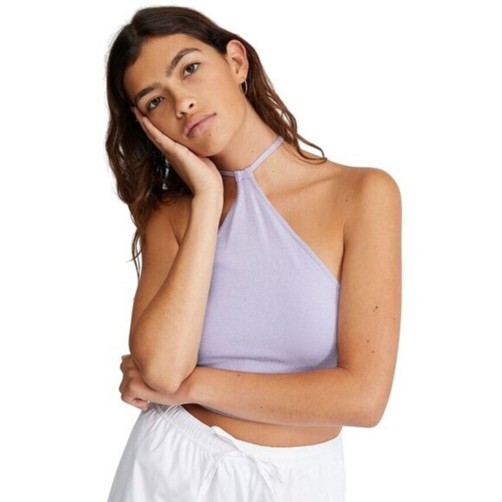 Knit Halter Top Sweater Tie Back Heather Purple Cropped Tight Fit L Stretchy